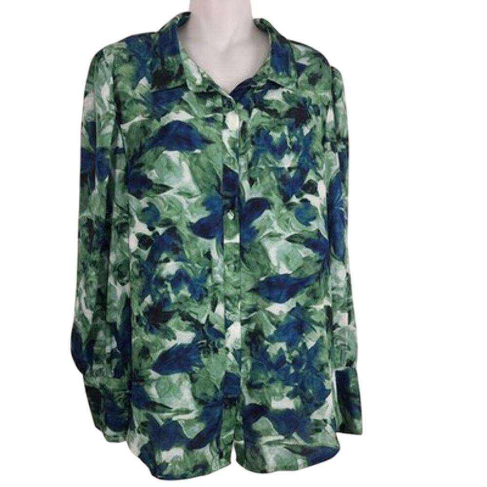 BTFBM Womens Blouse Abstract Floral Button Up Chiffon Long Puff Sleeve XXL Green